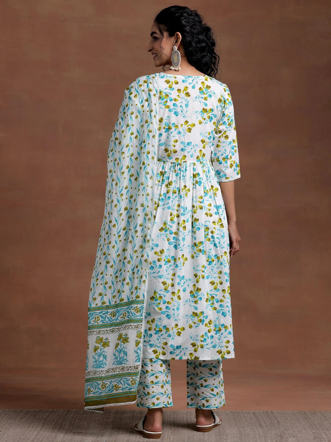 Mameraa Off White Printed Cotton A-Line Kurta With Palazzos & Dupatta