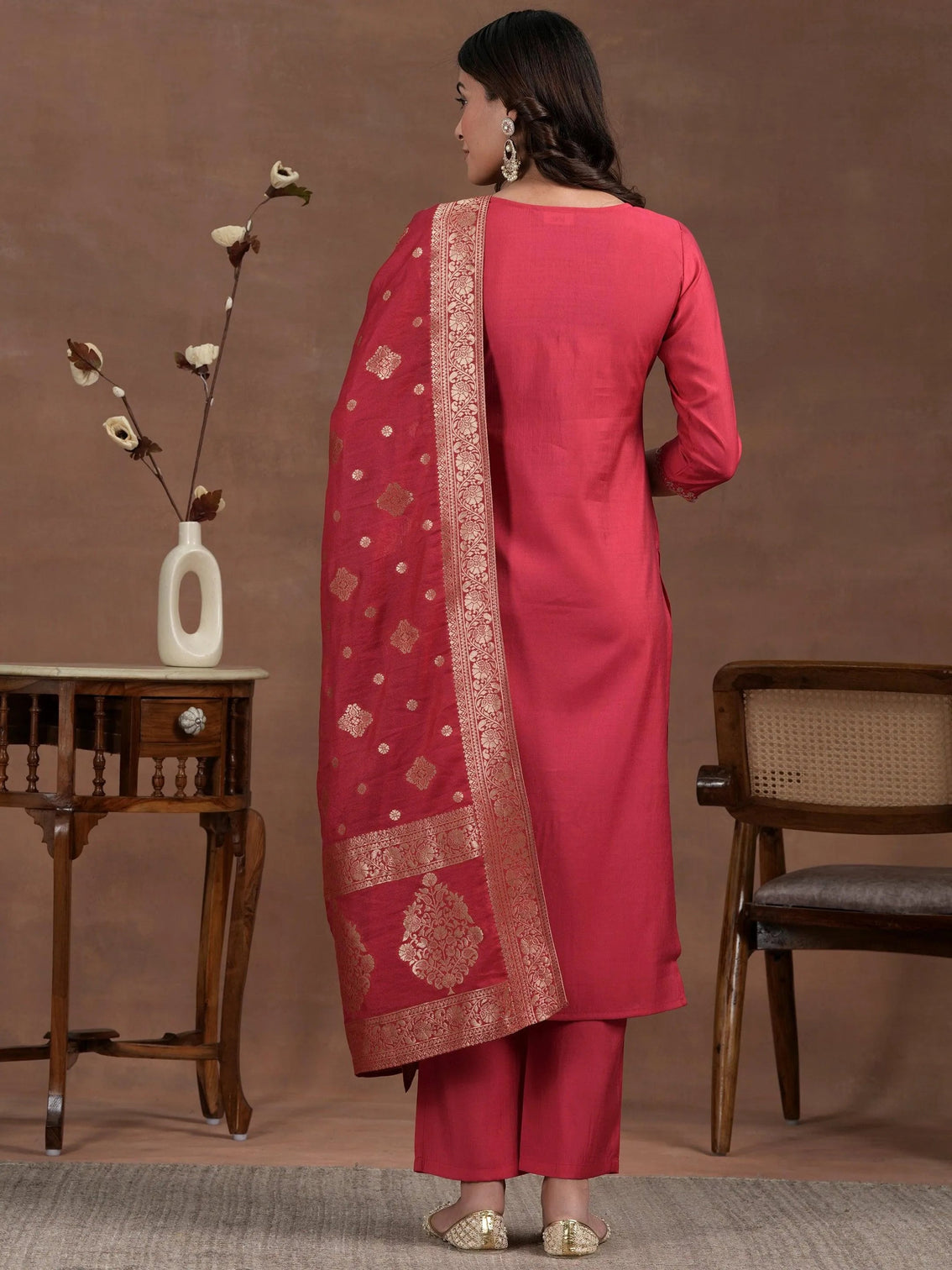 Mameraa Pink Yoke Design Silk Blend Straight Suit With Dupatta