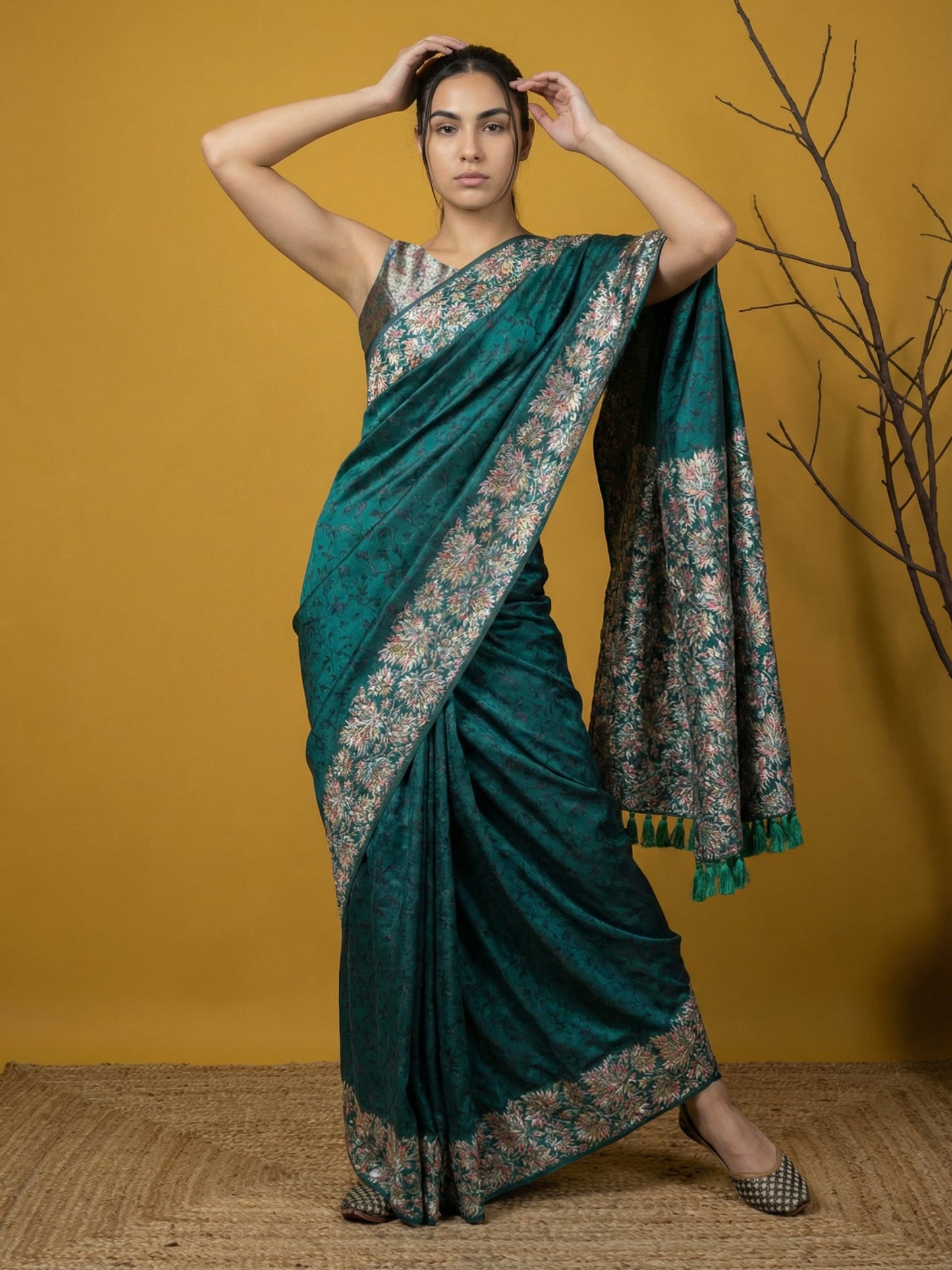 Soft Silk Printed Floral Saree with Rainbow Zari Woven Pallu and Contrast Blouse Festive Party Wear Saree