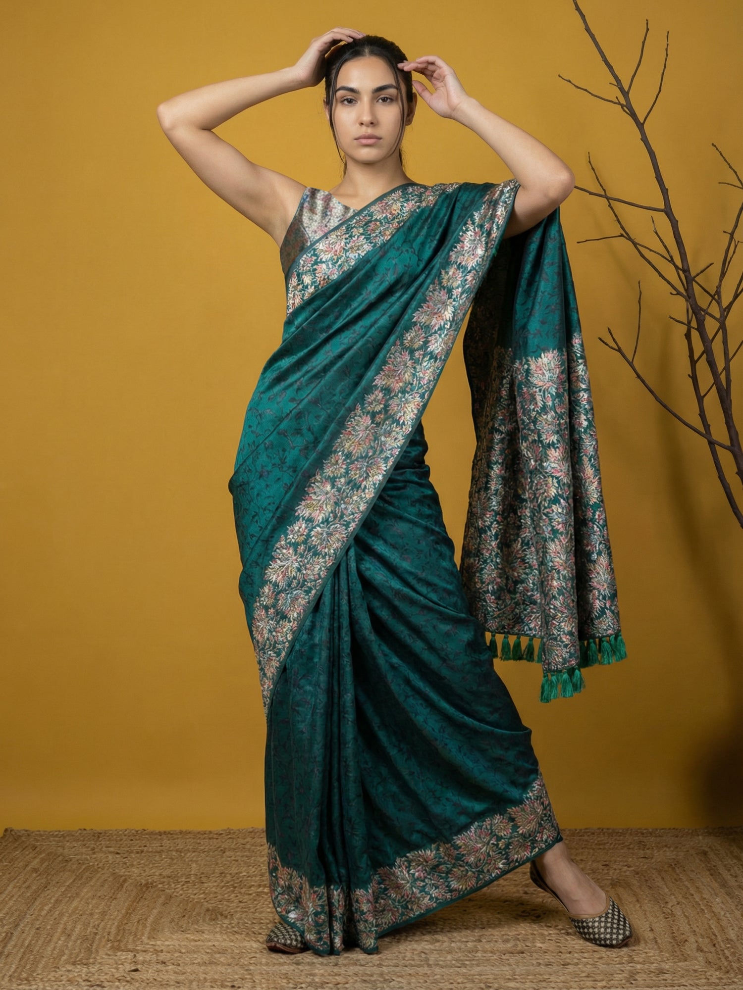 Soft Silk Printed Floral Saree with Rainbow Zari Woven Pallu and Contrast Blouse Festive Party Wear Saree