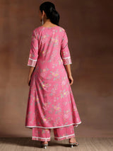 Libas Rukhsaar Pink Printed Cotton A-Line Kurta With Palazzos