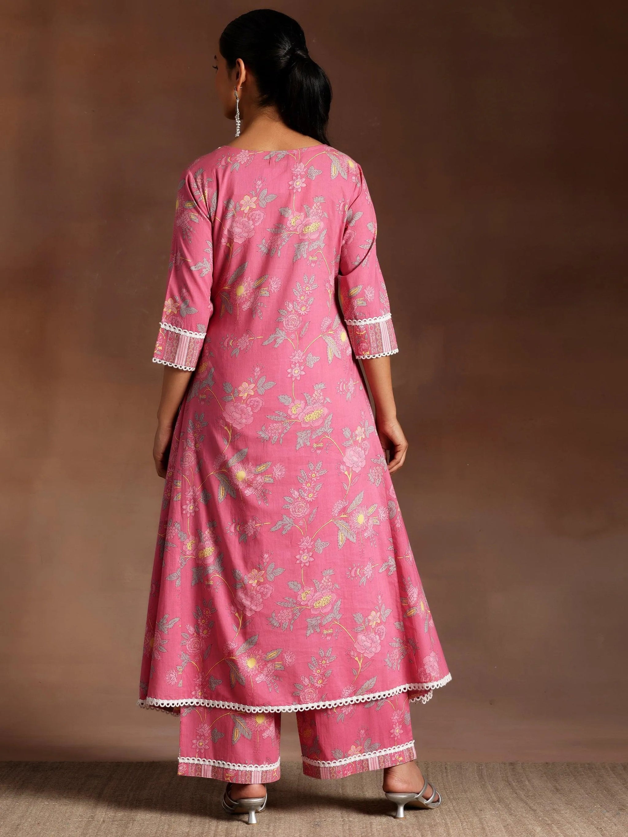 Libas Rukhsaar Pink Printed Cotton A-Line Kurta With Palazzos