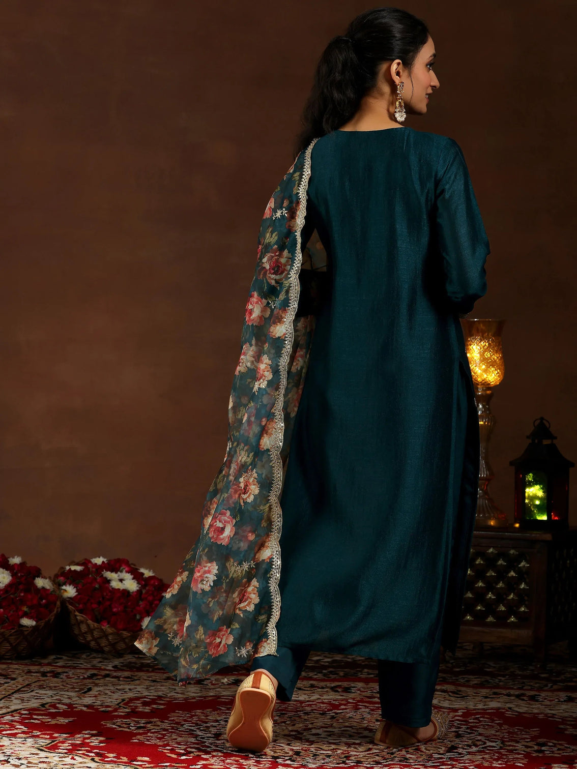 Mameraa Teal Embroidered Silk Blend Straight Suit With Dupatta
