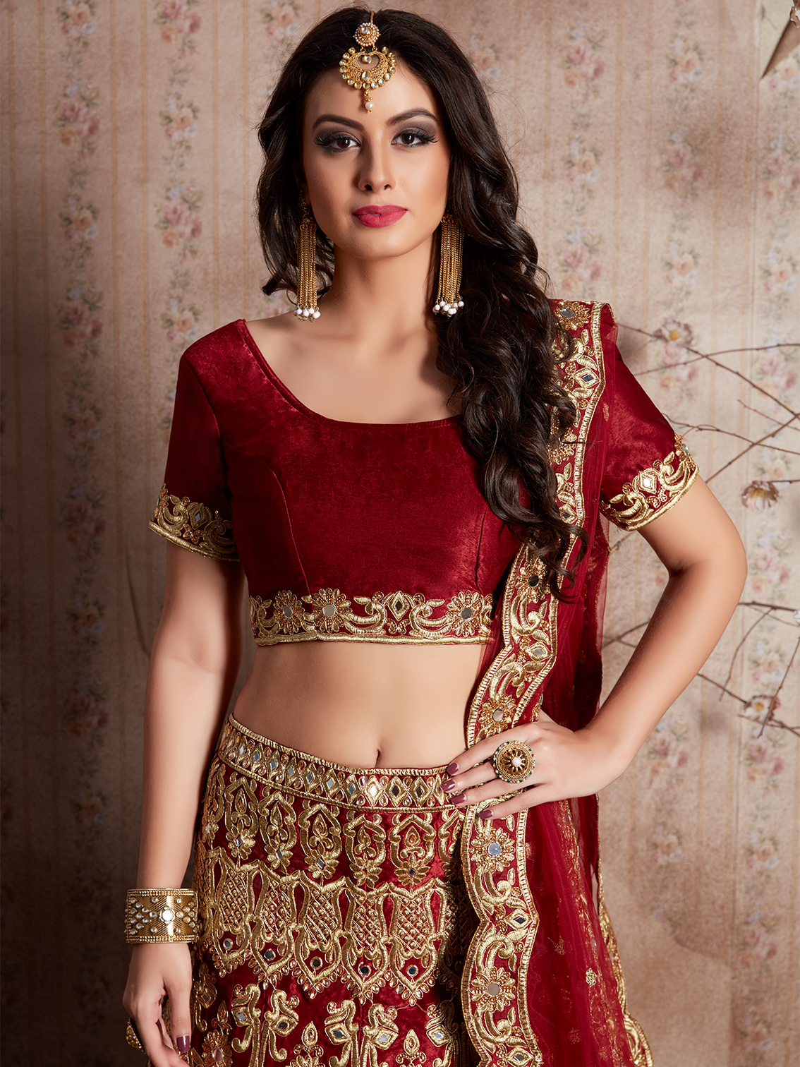Maroon Embroidered Semi Stitched Lehenga With Unstitched Blouse
