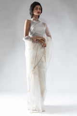 White Solid With Intricate Zarkan Border Organza Ready To Wear Saree