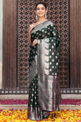 Designer Green Saree Showcasing Peacock & Floral Zari Weaving With Handmade Tassel Pallu