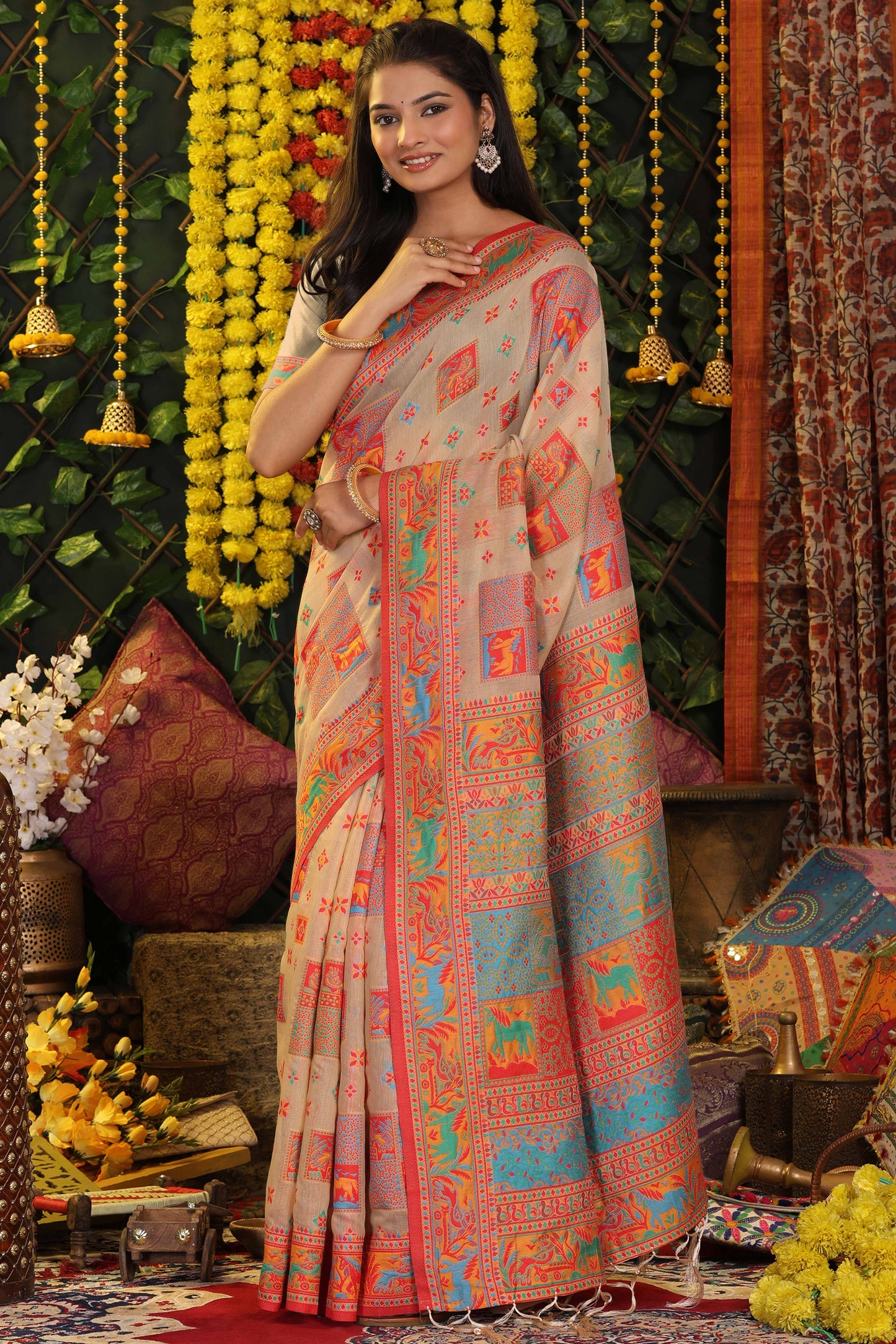 Offwhite Linen Cotton Saree Adorned With Floral Zari Weaving & Tassel Pallu