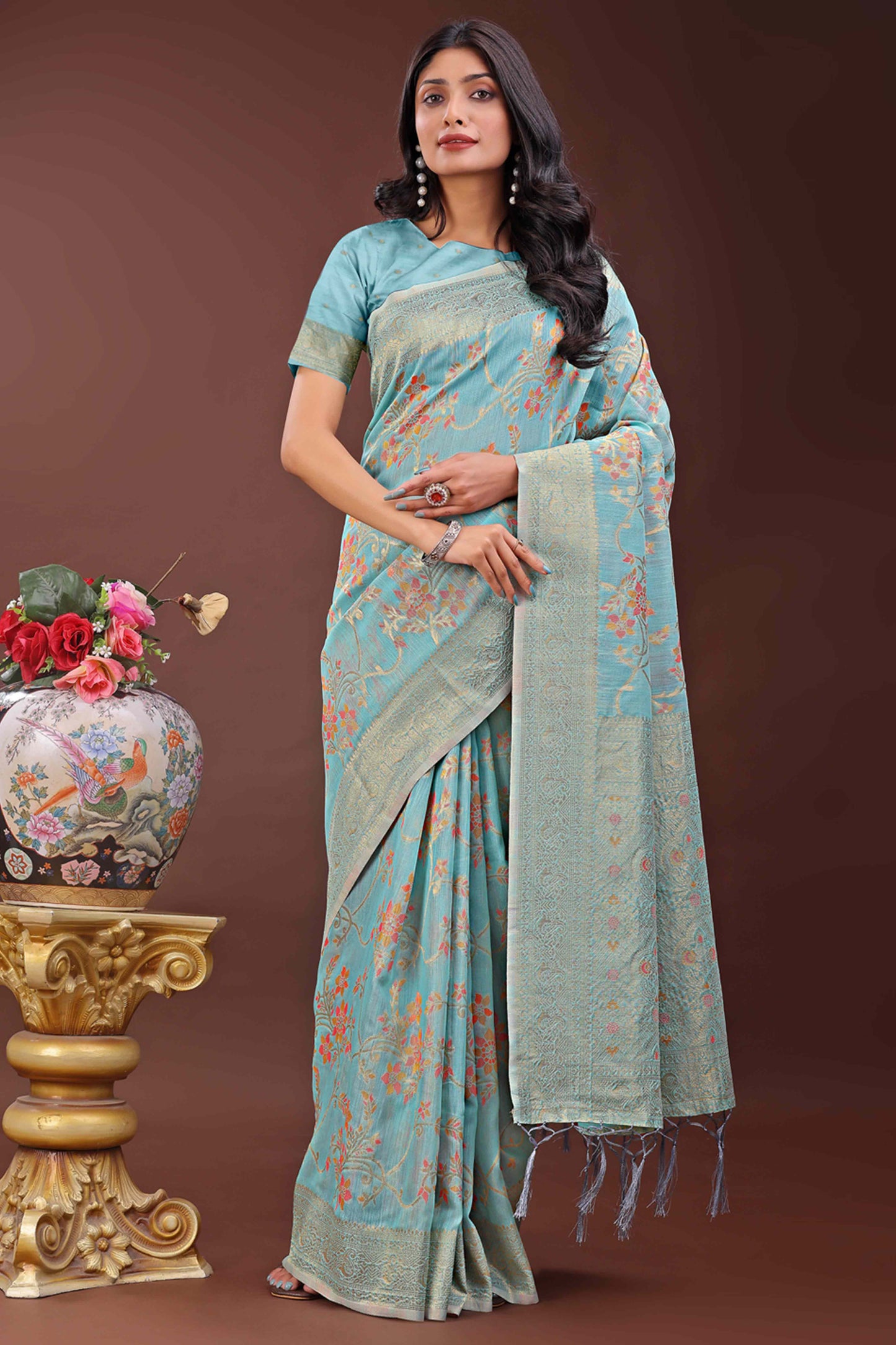 Blue Linen Cotton Saree With Intricate Floral Zari Weving & Tassel Edge