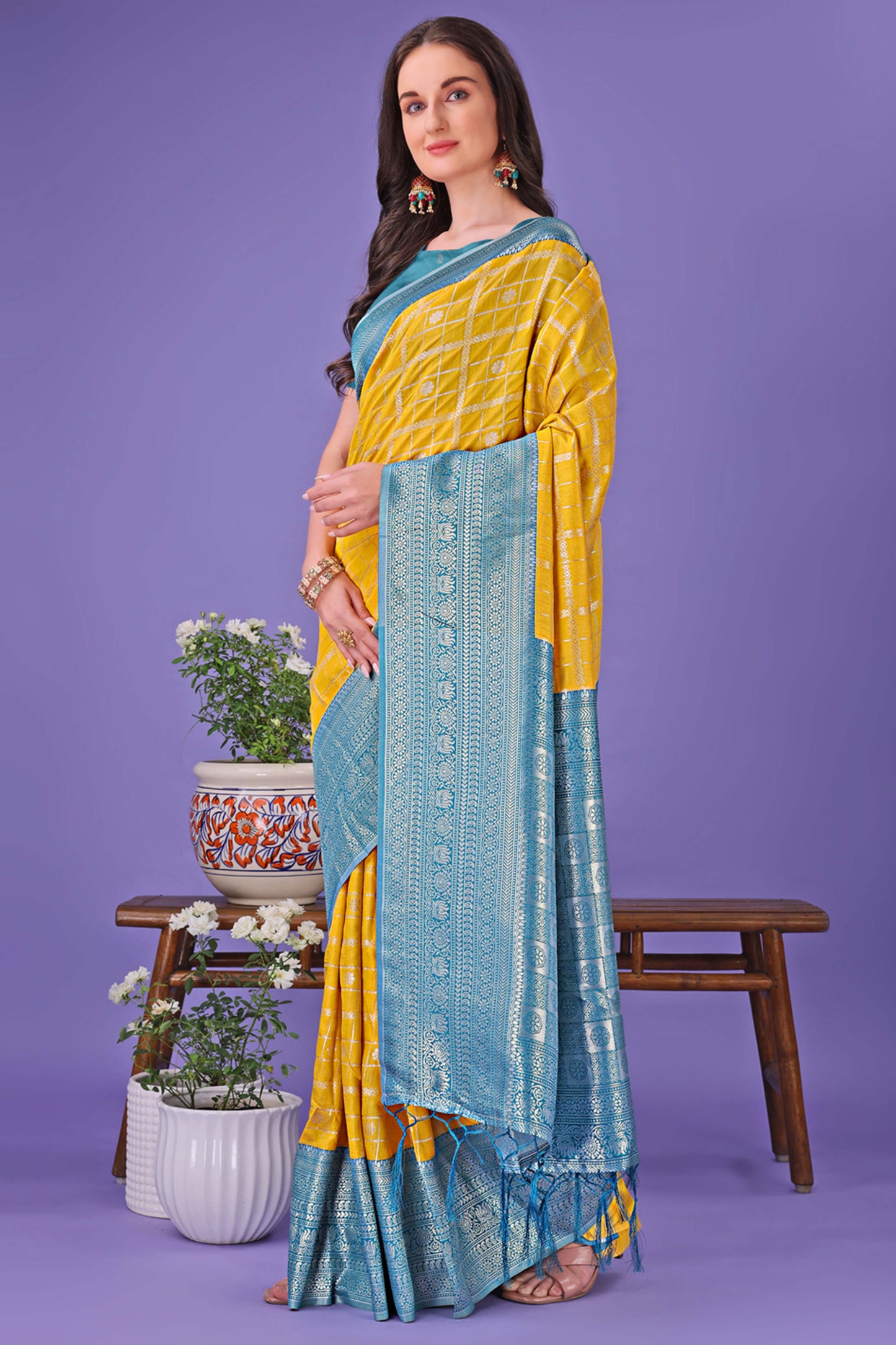 Mustard Banarasi Weave in Checked Design with Lustrous Zari Embellishments