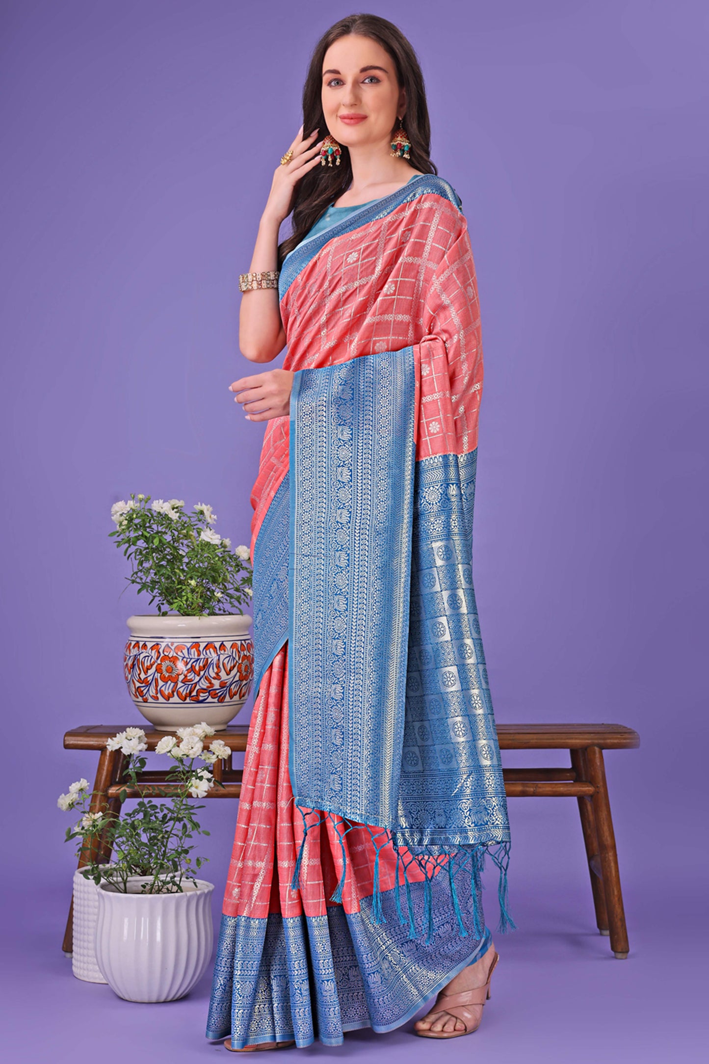 Peach Banarasi Weave in Checked Design with Lustrous Zari Embellishments