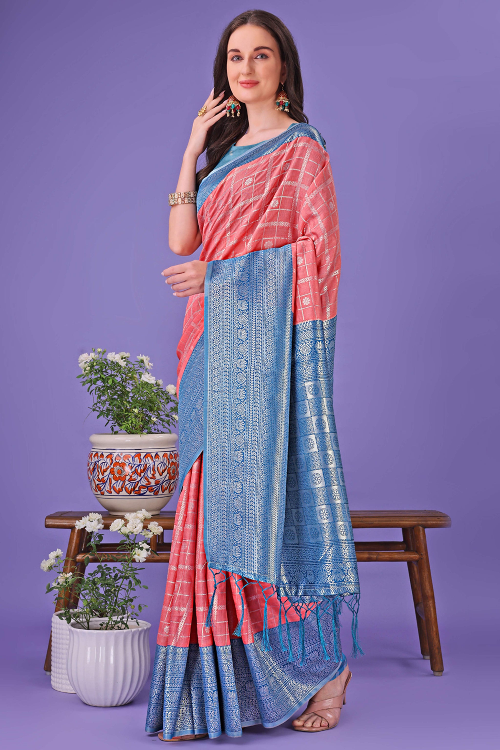 Peach Banarasi Weave in Checked Design with Lustrous Zari Embellishments