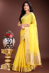 Yellow Cotton Silk Saree with Solid Zari Woven Edge and Tassels
