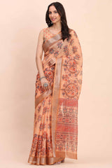 Orange Linen Cotton Saree Featuring Floral Prints & Woven Border