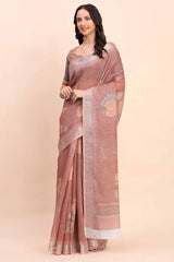 Brown Linen Cotton Saree Featuring Floral Prints & Woven Border