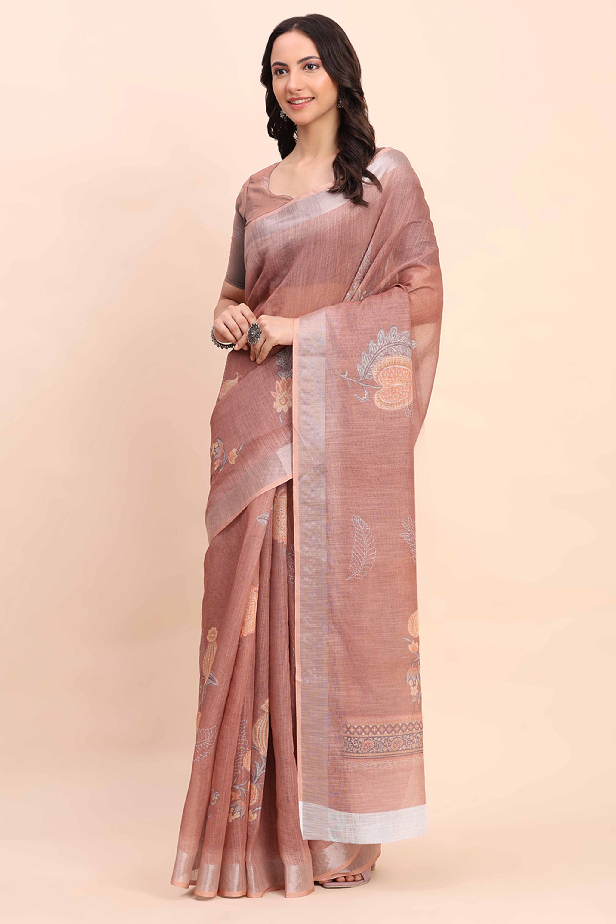 Brown Linen Cotton Saree Featuring Floral Prints & Woven Border