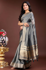 Grey Organza Saree with Zari Border Weaving Trim