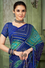 Blue Chiffon Saree Adorned With Traditional Bandhani Print