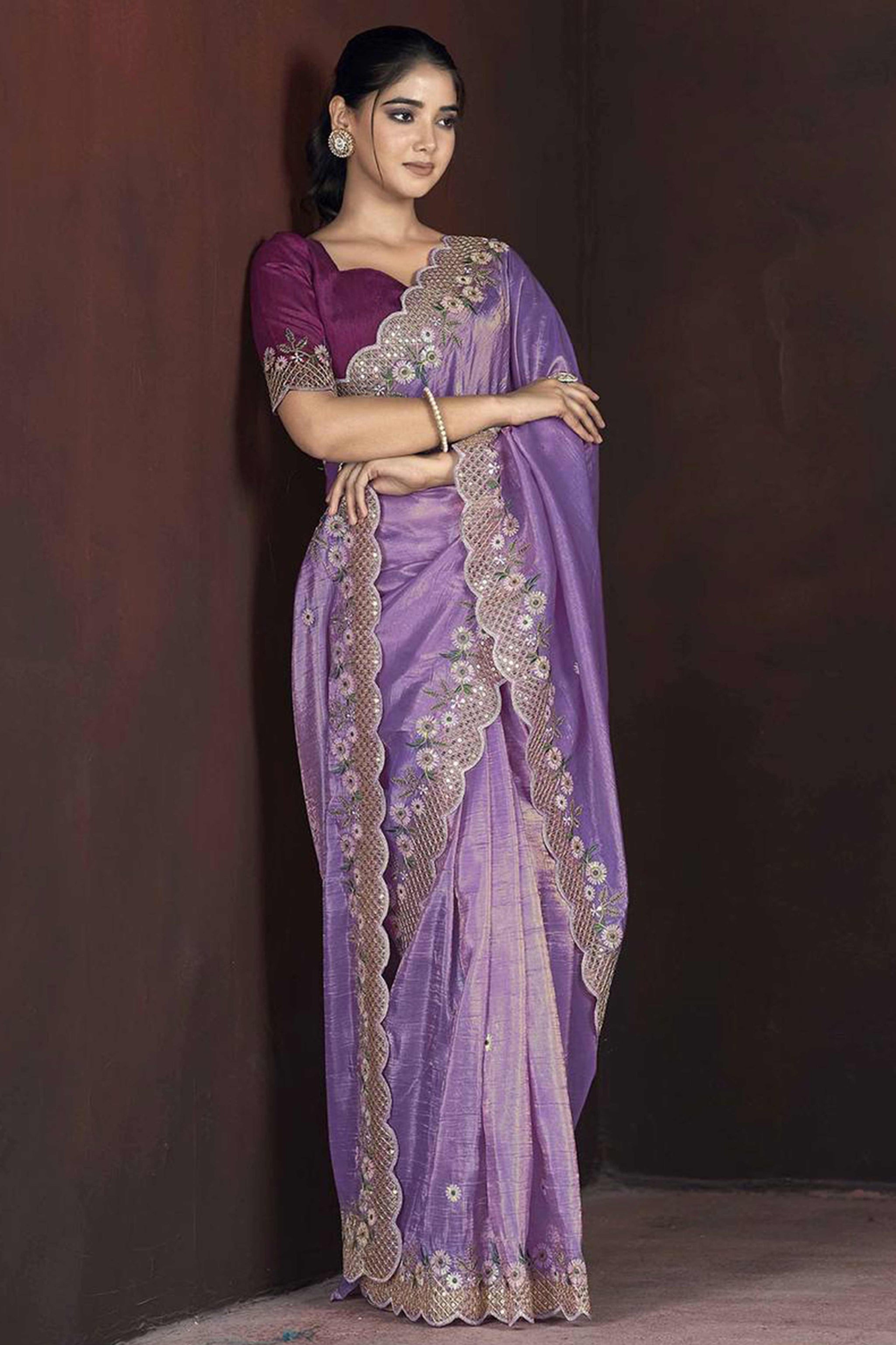 Lavender Organza Saree with Embroidery on the Edges for a Graceful Contemporary Look