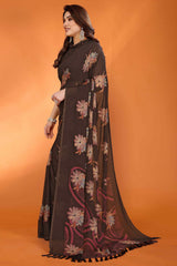 Brown Printed Saree with Zari Woven Charm in Satin Fabric