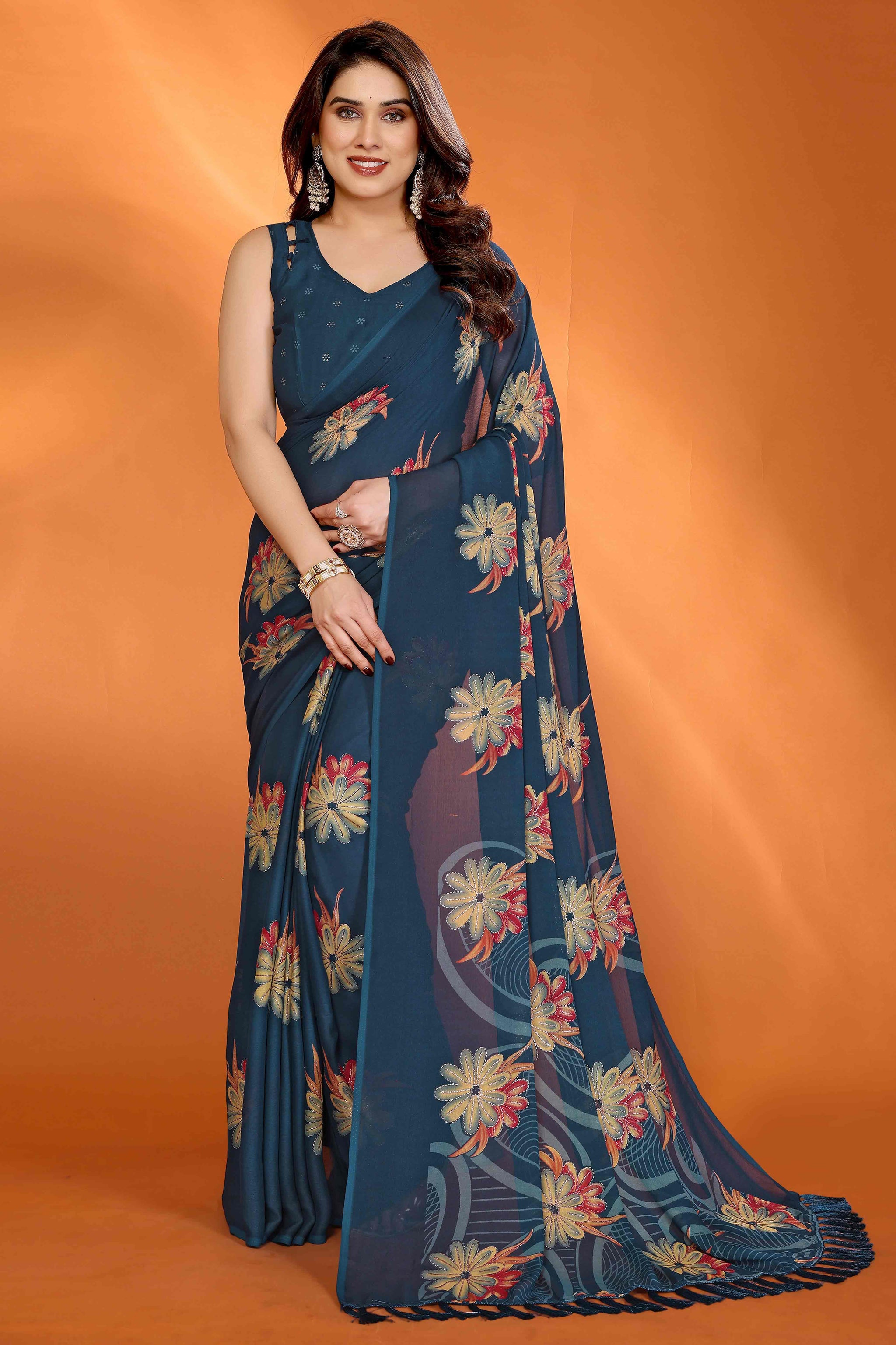 Teal Printed Saree with Zari Woven Charm in Satin Fabric