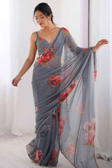 Partywear Grey Georgette Saree with Floral Prints and Bead Work Lace