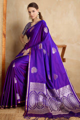 Violet Satin Saree Featuring Intricate Handloom Weaving