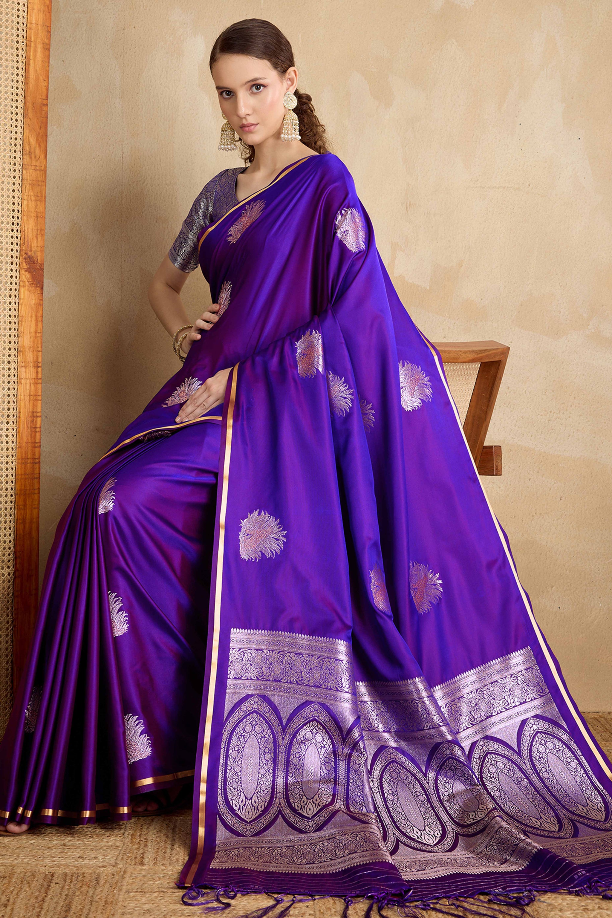 Violet Satin Saree Featuring Intricate Handloom Weaving