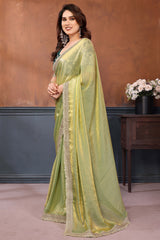 Mint Green Solid Satin Saree with Sequins Work Embroidery Elegant Partywear Drape