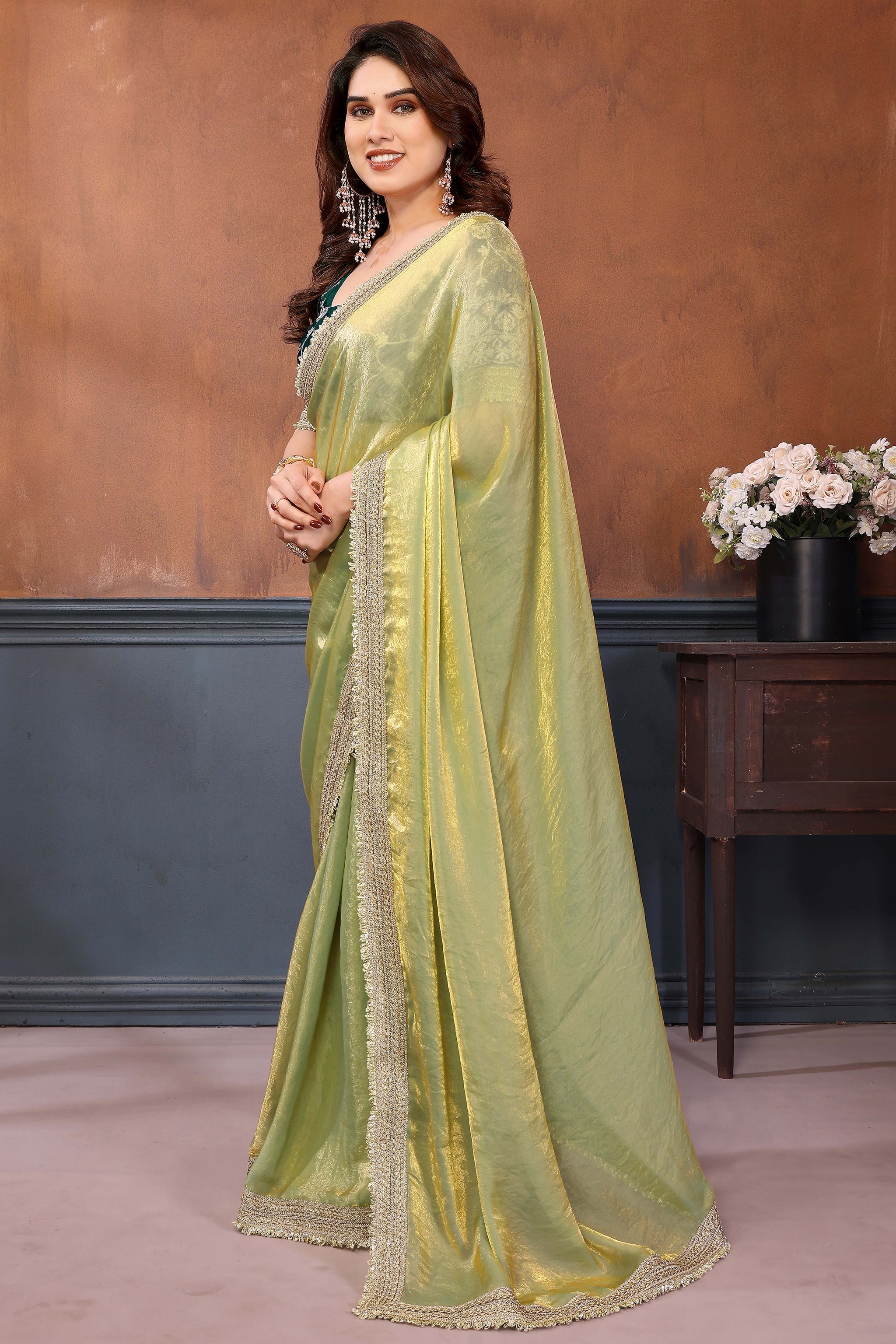 Mint Green Solid Satin Saree with Sequins Work Embroidery Elegant Partywear Drape