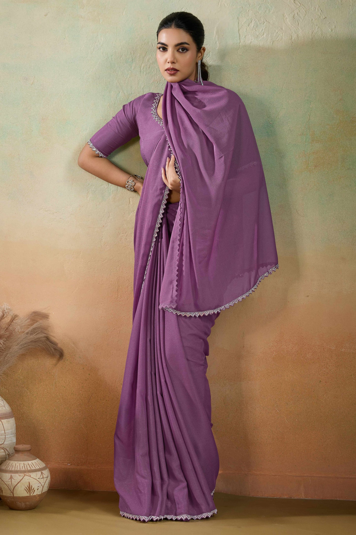 Orchid Purple Solid Matt Georgette Saree With Ceramic Embellished Lace Border