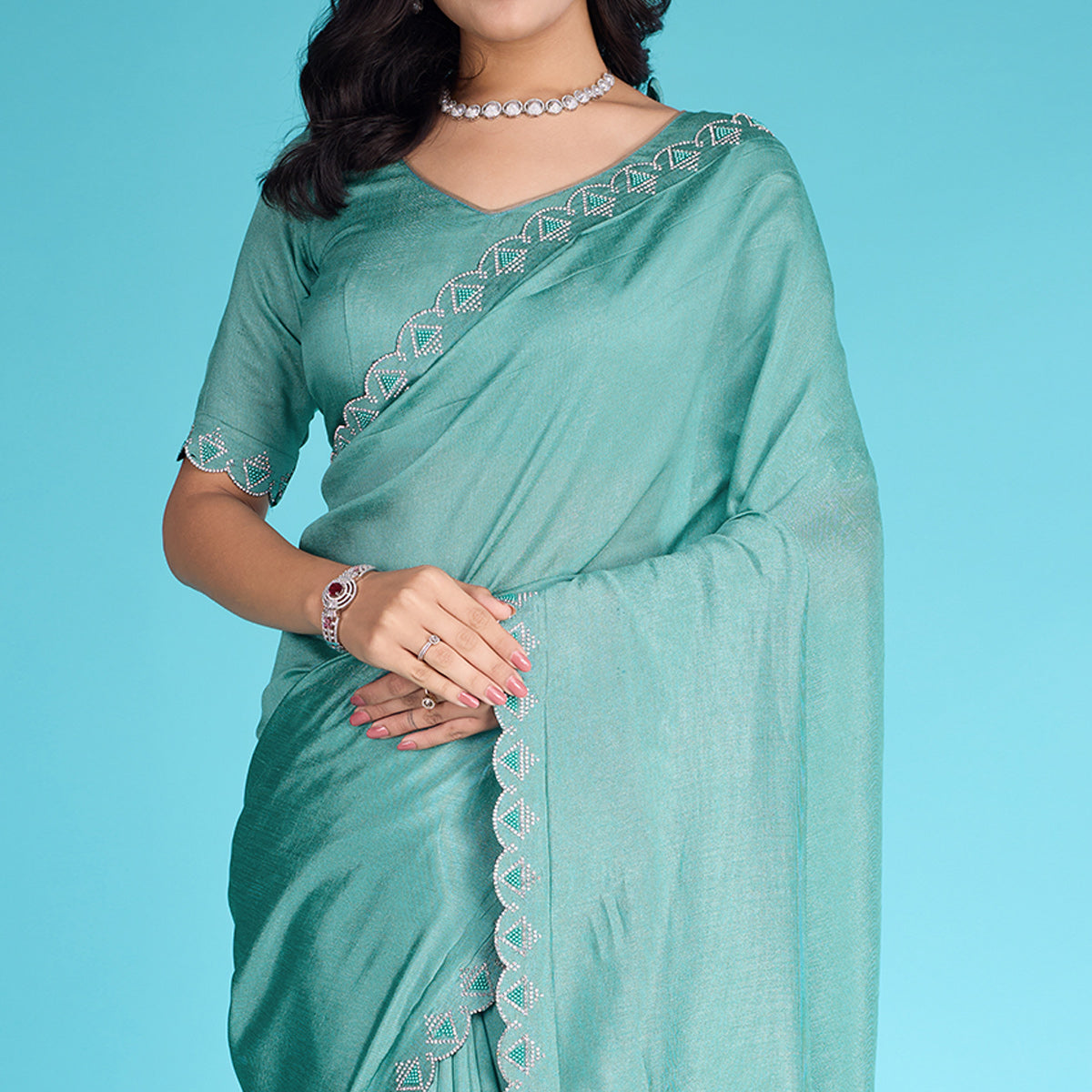Turquoise Solid With Zarkan & Pearl Diamond Lace Khadi Shimmer Saree