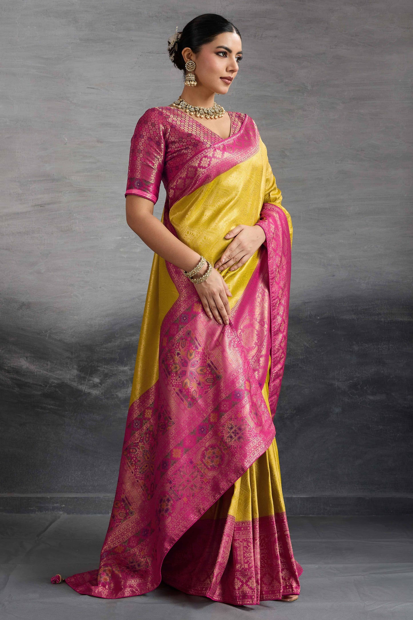 Traditional Mustard Kanjivaram Soft Silk Saree with Bold Kadiyal Weave