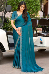 Rama Blue Solid Satin Chiffon Saree With Cutdana & Zarkan Handwork