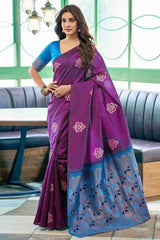 Purple Banarasi Silk Saree Adorned with Elegant Floral Zari Weaving
