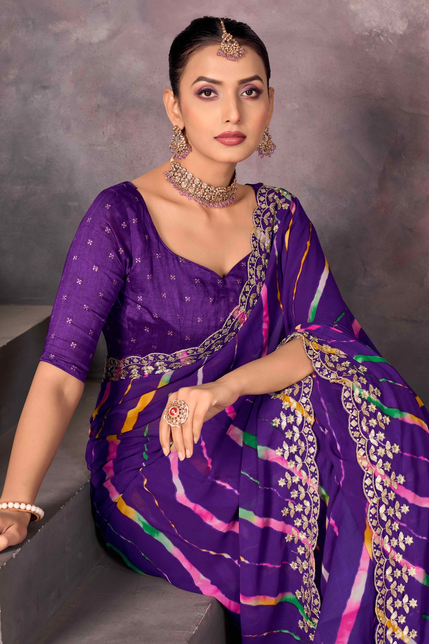 Purple Leheriya Printed Georgette Saree