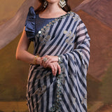 Blue Leheriya With Floral Foil Printed Georgette Saree