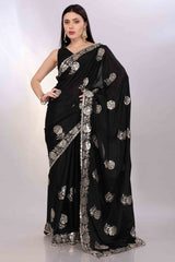 Black Saree Featuring Intricate Floral Embroidery With Sequins On Chinon Silk