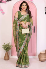 Green Georgette Saree with Traditional Bandhani Print and Lace Accents