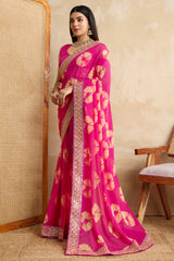 Pink Georgette Saree with Contemporary Tie-Dye Patterns and Classic Lace Work Finish