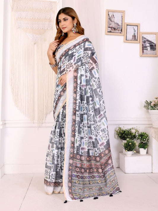 Premium Linen Cotton Abstract Printed Saree with Elegant Beige Border