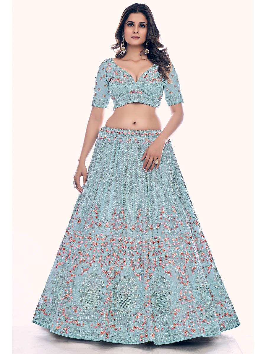 Firozi Soft Net Embroidered Designer Lehenga Choli