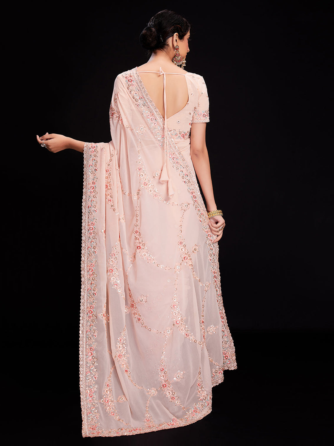 Peach Georgette Embroidered Saree With Unstitched Blouse