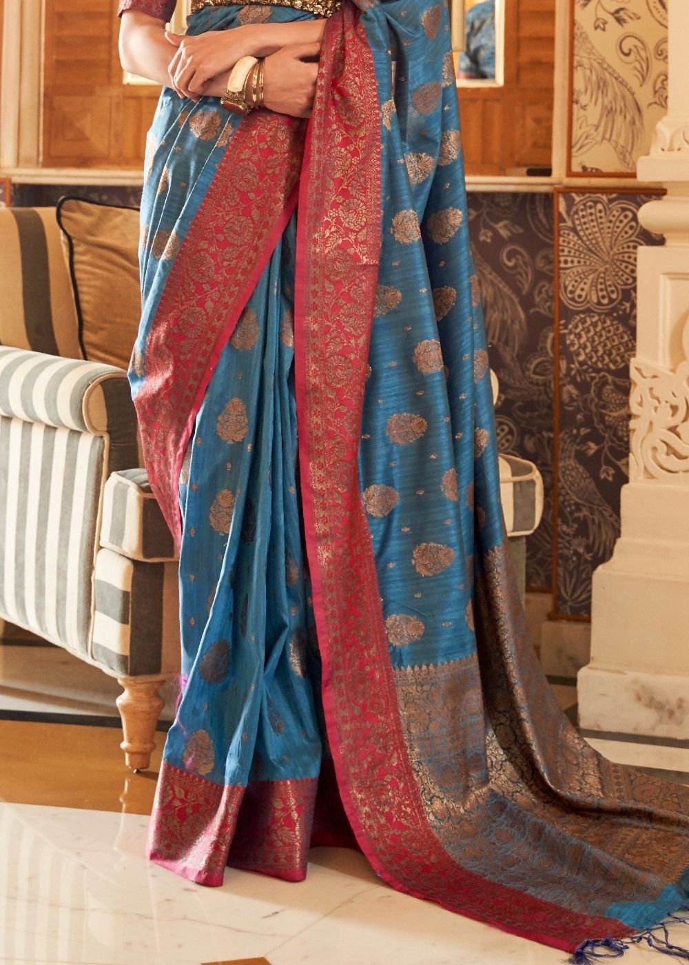 Yale Blue Woven Banarasi Tussar Silk Saree : Top Pick