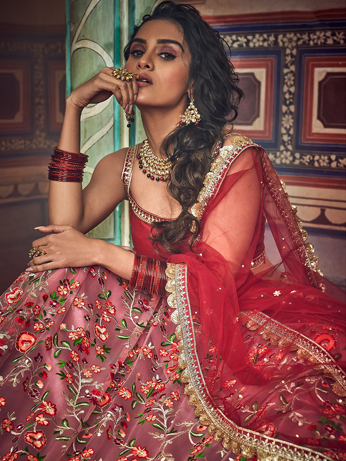 Peach Embroidered Art Silk Semi Stitched Lehenga With Unstitched Blouse