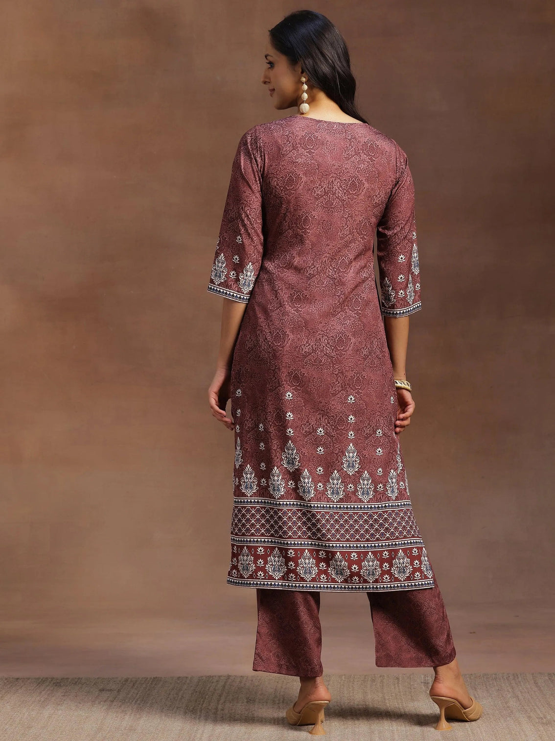 Mameraa Brown Printed Poly Crepe Straight Kurta With Trousers