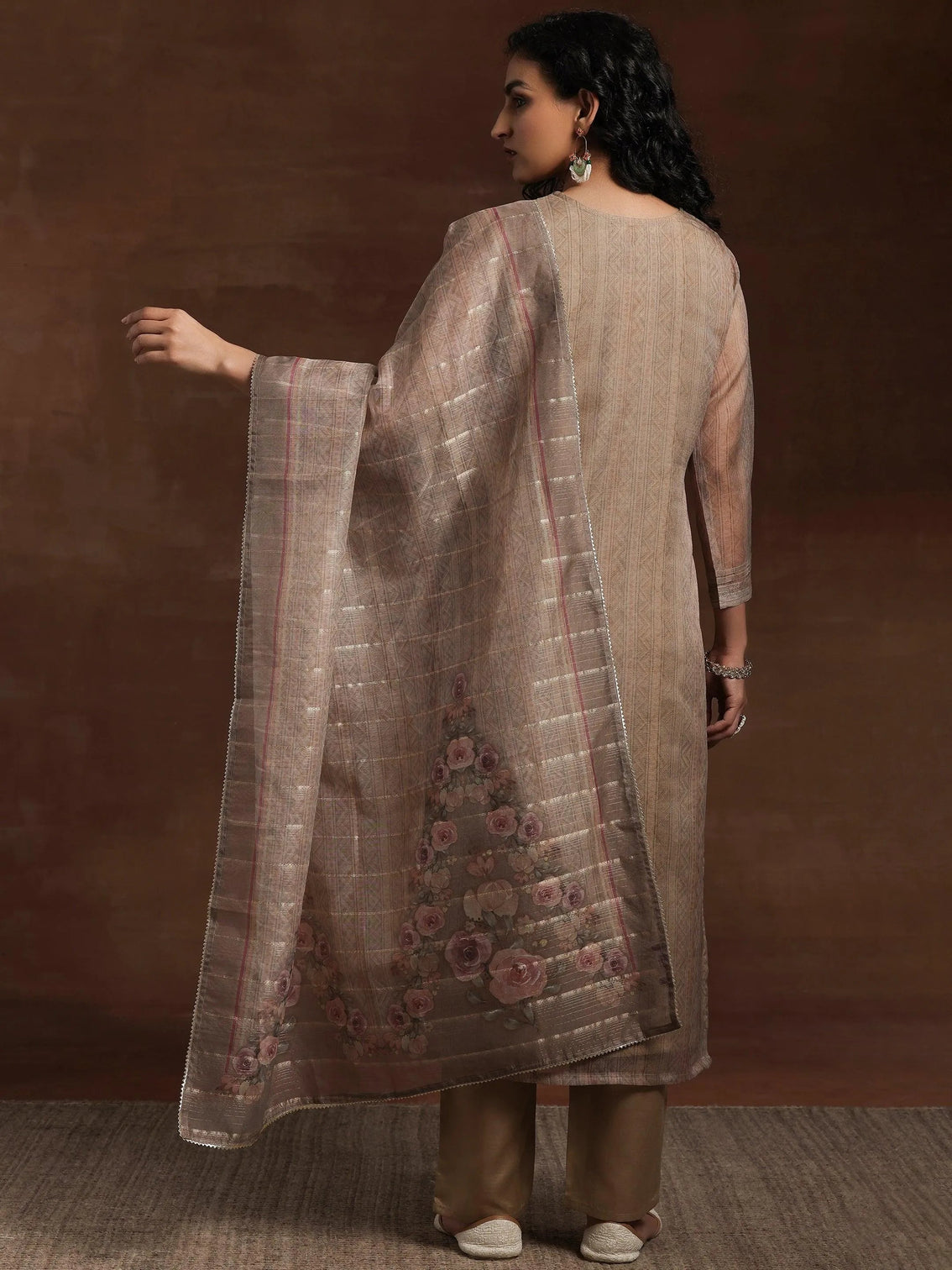 Mameraa Tan Printed Organza Straight Suit With Dupatta