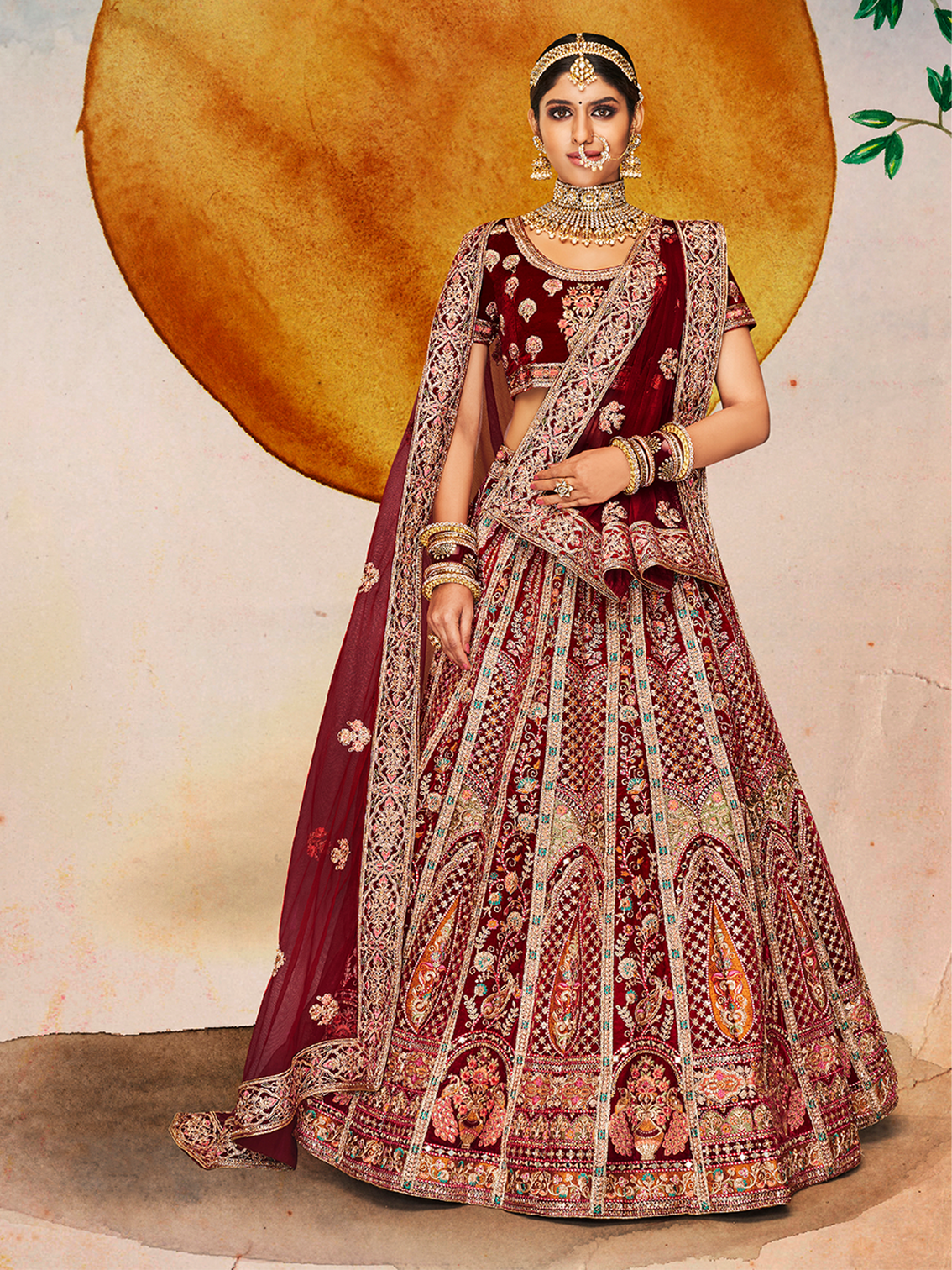 Maroon Velvet Semi Stitched Lehenga With Unstitched Blouse