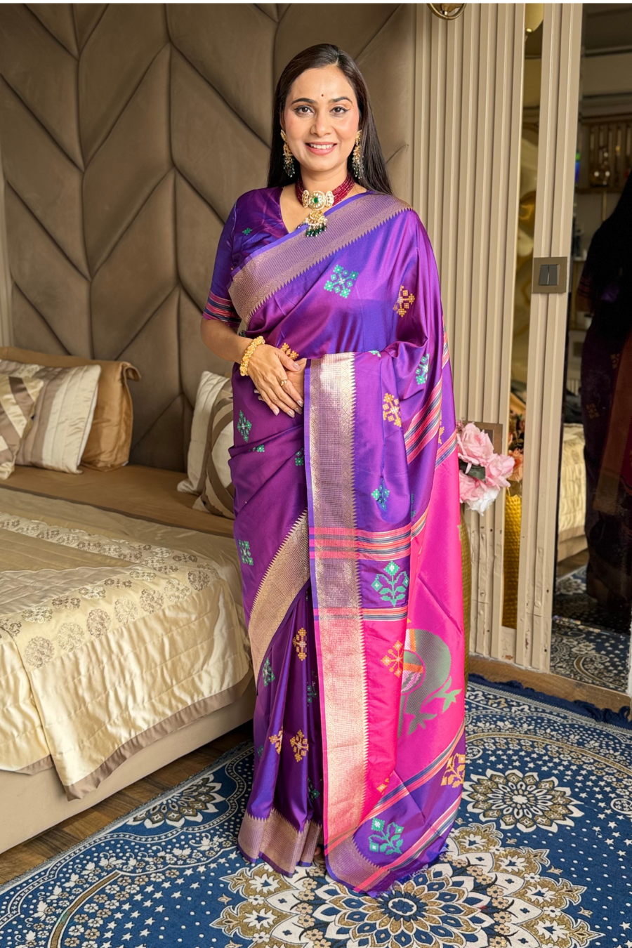 Violet Soft Silk Ikkat Patola Saree with Meenakari Motifs Peacock Pallu and Gold Zari Border