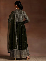 Libas Chandni Olive Embroidered Georgette A-Line Kurta With Trousers & Dupatta