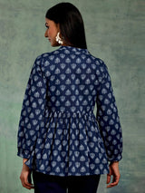 Libas Blue Yoke Design Cotton A-Line Kurti